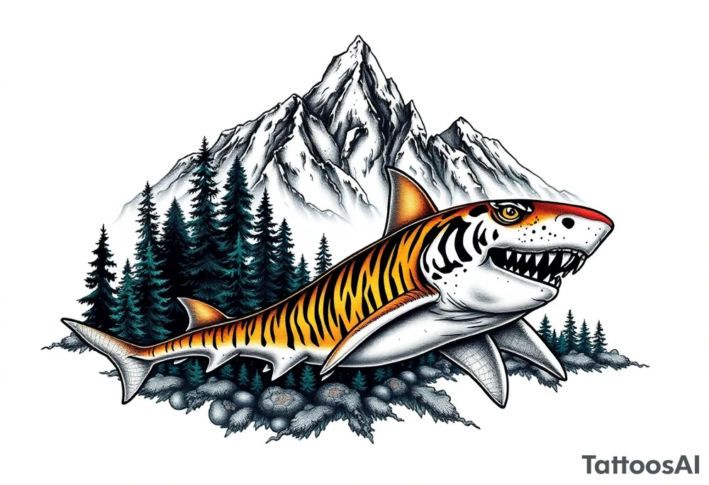 forest mountains and tiger sharks, tattoo idea