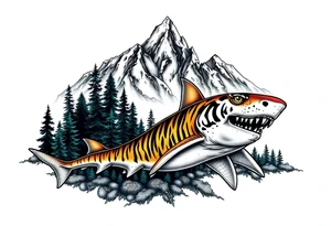 forest mountains and tiger sharks, tattoo idea