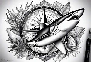 Compass, shells, shark teeth, starfish tattoo idea