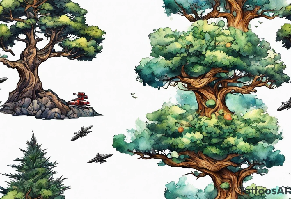Tree with space fighters tattoo idea