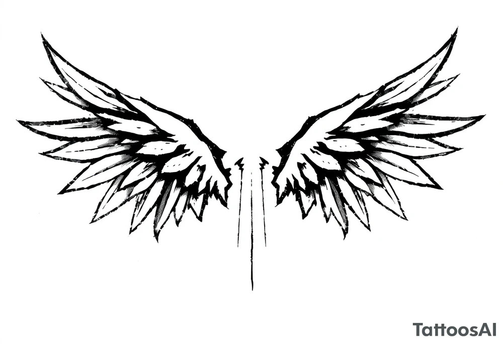 This tattoo design features a pair of stylized wings drawn in black ink with a sketch-like, abstract aesthetic. The wings are composed of sharp, angular feathers with jagged edges, giving them a rough, almost tribal or gothic appearance. The shading is done with a mix of soft gradients and stippling, adding depth and texture to the design. The center where the wings meet is fragmented, with thin lines extending downward, creating a sense of movement and raw energy. This design would make for a bold and edgy tattoo, symbolizing freedom, strength, or a rebellious spirit. tattoo idea