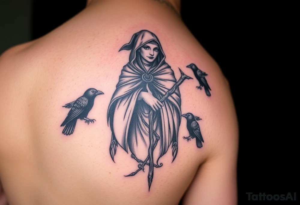 Left arm

Morrigan Celtic  goddess of death is the primary focus of the tattoo

Morrigan is older magical woman with a hood and wooden wand

Powerful dark magic

Multiple crows. 

. Realistic, black and white

Stronger focus on Celtic symbolism

Protector of natural world

Complex level of detail tattoo idea