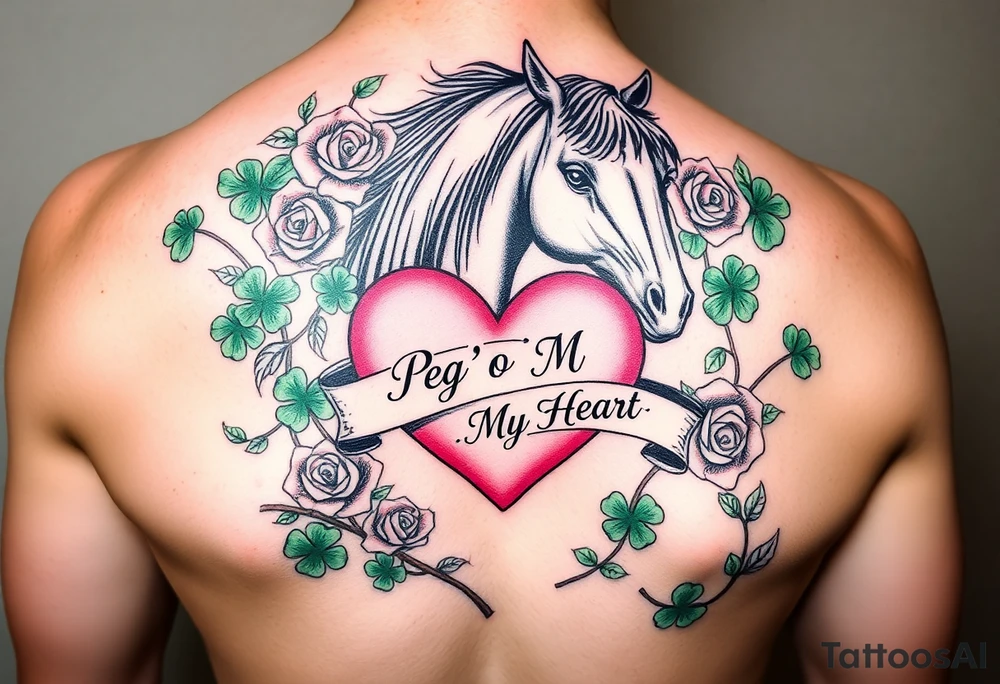 A lot of green shamrocks & red roses, horse with a big Pink heart and a banner across the heart that says Peg 'o My Heart tattoo idea
