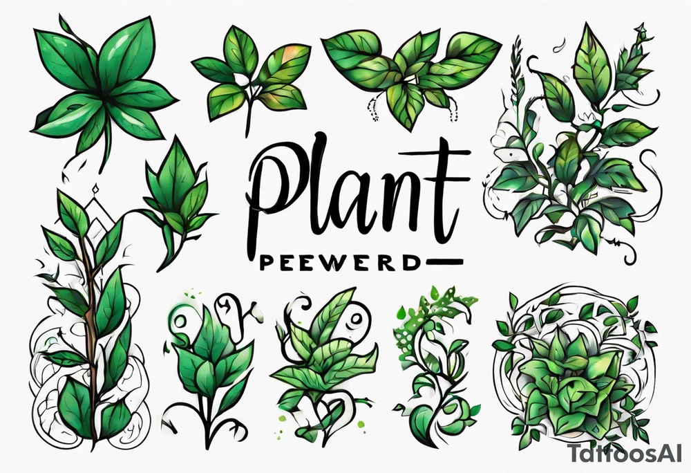 Words “Plant Powered” spelled out with plants and vines through out the words tattoo idea