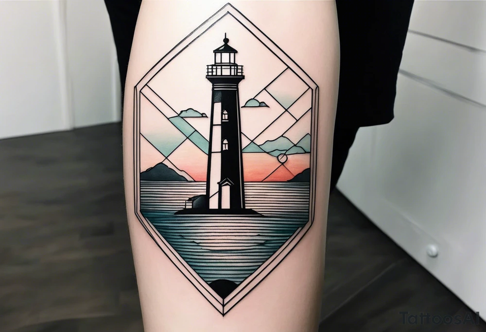 lighthouse in filne line and a bit geometric. Mostly black but the light and the sea colored. also the sea close to the lighthouse tattoo idea