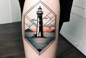 lighthouse in filne line and a bit geometric. Mostly black but the light and the sea colored. also the sea close to the lighthouse tattoo idea