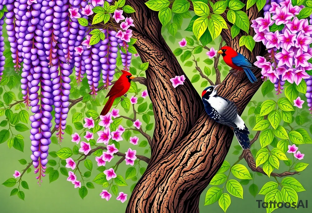 The American wisteria tree gracefully drapes its cascading clusters of soft lavender flowers, twisting around sturdy branches with delicate, vine-like tendrils, while its lush green foliage creates a dreamy, whimsical canopy. Nearby, an Eastern redbud bursts with vibrant pink blossoms, its heart-shaped leaves beginning to unfurl, adding a striking contrast against the deep, twisting bark of its slender trunk. Among the branches, a brilliant red cardinal perches proudly, an indigo bunting glows in a dazzling shade of blue against the floral backdrop, and a downy woodpecker clings to the textured bark, its black-and-white feathers speckled with hints of red as it pecks gently, completing the tranquil and picturesque woodland scene. tattoo idea