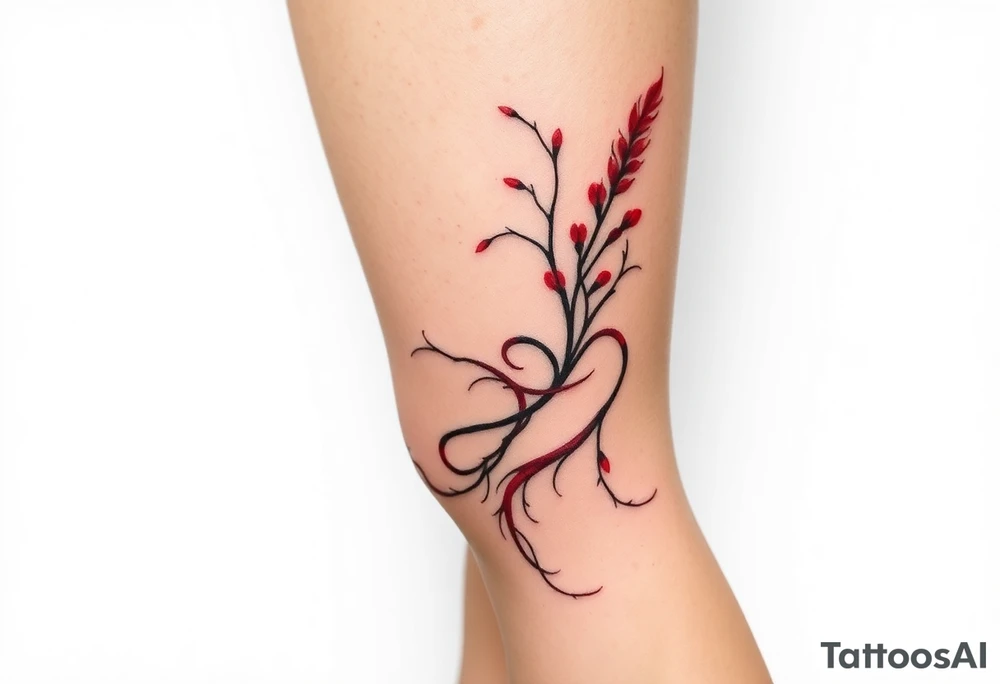 Elegant tattoo design featuring red sea plume seaweed, graceful flowing tendrils, watercolor style with red accents, wrapping around calf, organic movement, marine botanical art” tattoo idea