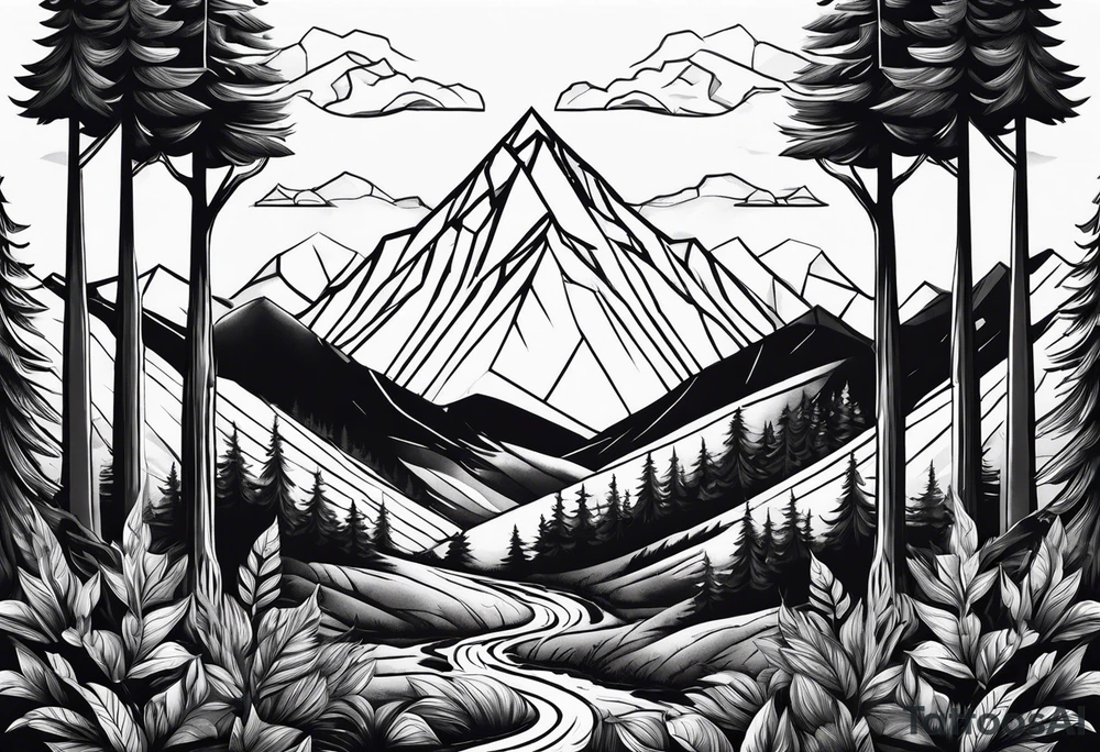 a forest along the edges with mountains below and in the distance with full trees and a diamond in the middle tattoo idea