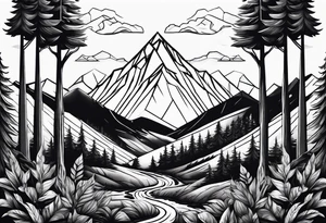 a forest along the edges with mountains below and in the distance with full trees and a diamond in the middle tattoo idea