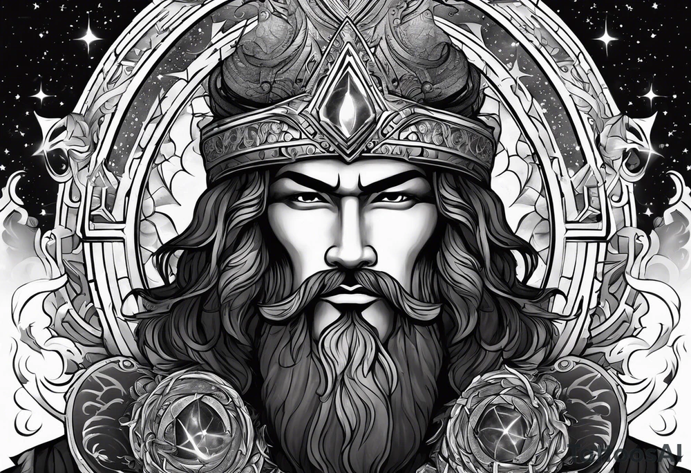 Jehovah looking out at the marvels of his creation from the atoms to the galaxy and celestial beings. With grey wash and a fantasy theme. Jehovah has to be a character who is so majestic, charismatic, immensely powerful. There isnt a single thing he isnt capable of doing. Infinitely powerful forward facing tattoo idea