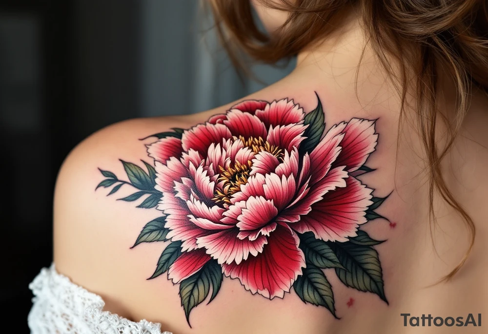 ChatGPT řekl:
A vibrant peony tattoo featuring lush, layered petals in deep crimson and soft blush pink, with dark green leaves edged in black for bold contrast and subtle white highlights to add depth and realism. tattoo idea