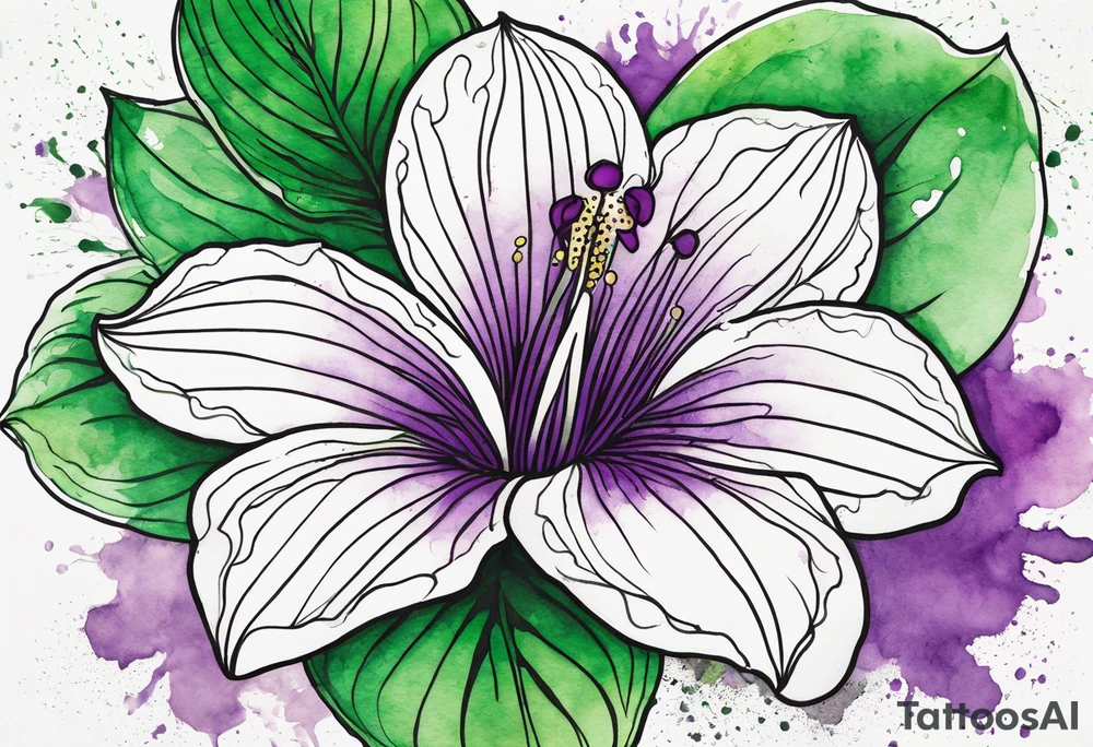 An outline of a green and purple rio dipladenia flower with a mystical green/purple watercolor splash in the background tattoo idea