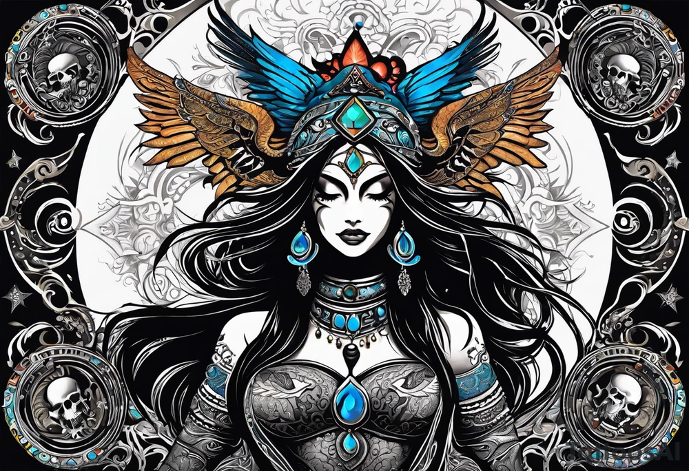 black kali, goddess pirate, alien, angel, pachamama, valkrye, warrior, flying, skull, lotus azul, wing, eagle, zenza resonance, stars, 5D, anahata chakra, death, durga, riding on a tiger, flying lady tattoo idea