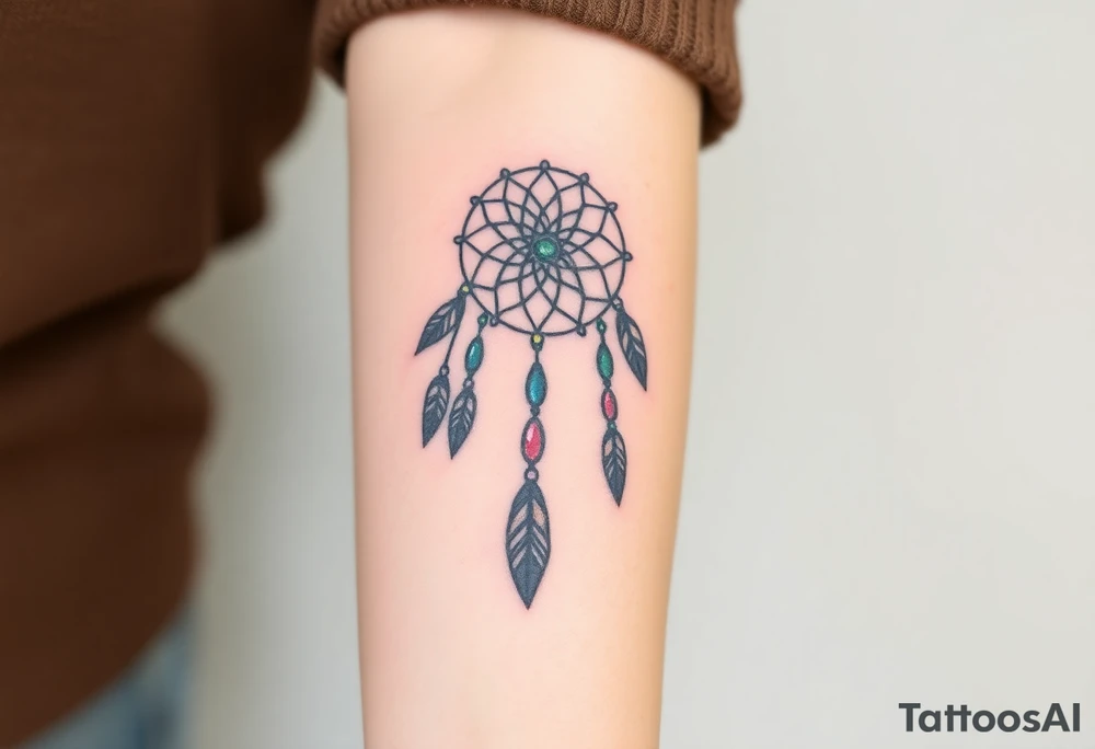 native dreamcatcher with flowing feathers and sacred beads tattoo idea