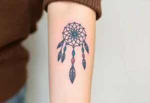 native dreamcatcher with flowing feathers and sacred beads tattoo idea