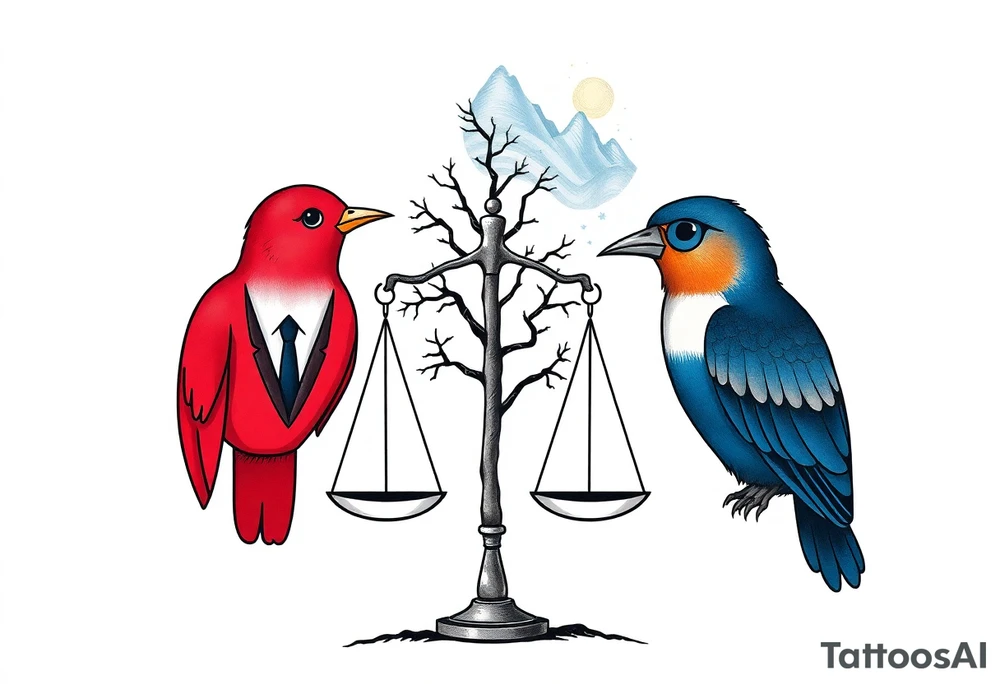one of the birds red wearing a suit, other bird navy blue with glasses or holding a book, scales of justice built into a tree, starry night painting and mountain background tattoo idea