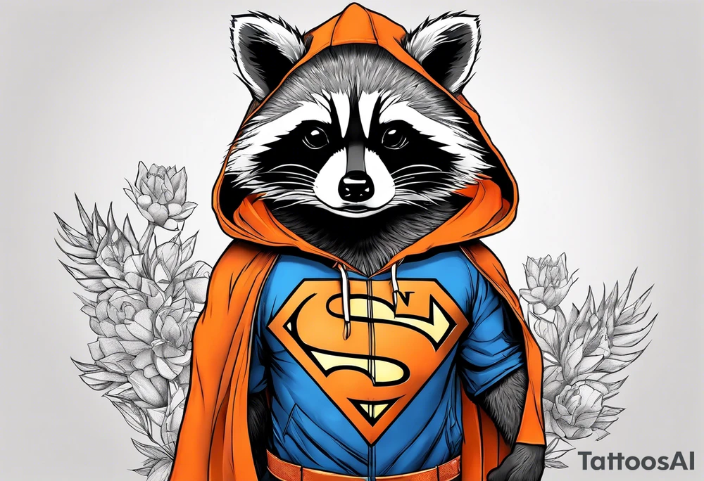 Raccoon wearing an orange Superman hoodie tattoo idea