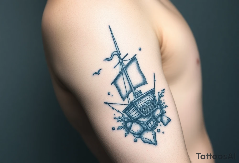 Underwater Atlantis with sunken ship and treasure chest arm sleeve tattoo idea