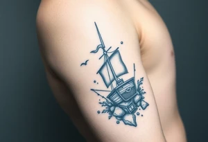 Underwater Atlantis with sunken ship and treasure chest arm sleeve tattoo idea