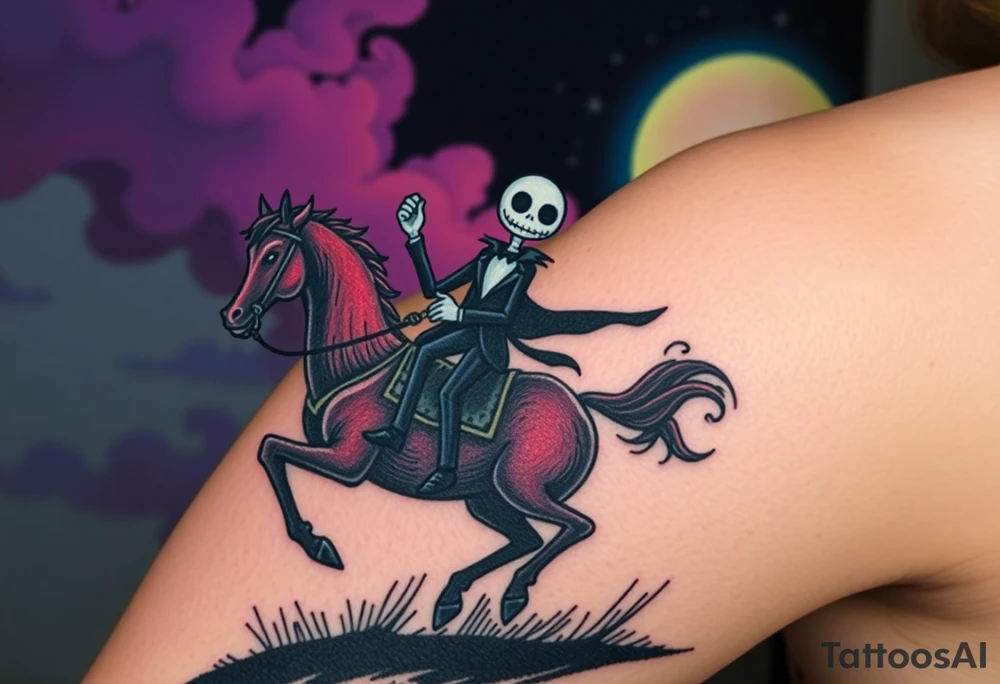 Tim Burton’s sleepy hallow headless horseman is riding in the night he holds his head in hand as his horse bucks upwards and dripping with muted reds, dusty pinks, and eerie green glow.purple and cyan smokey clouds swirl in the crescent moonlit sky thats sprinkled with stars tattoo idea tattoo idea