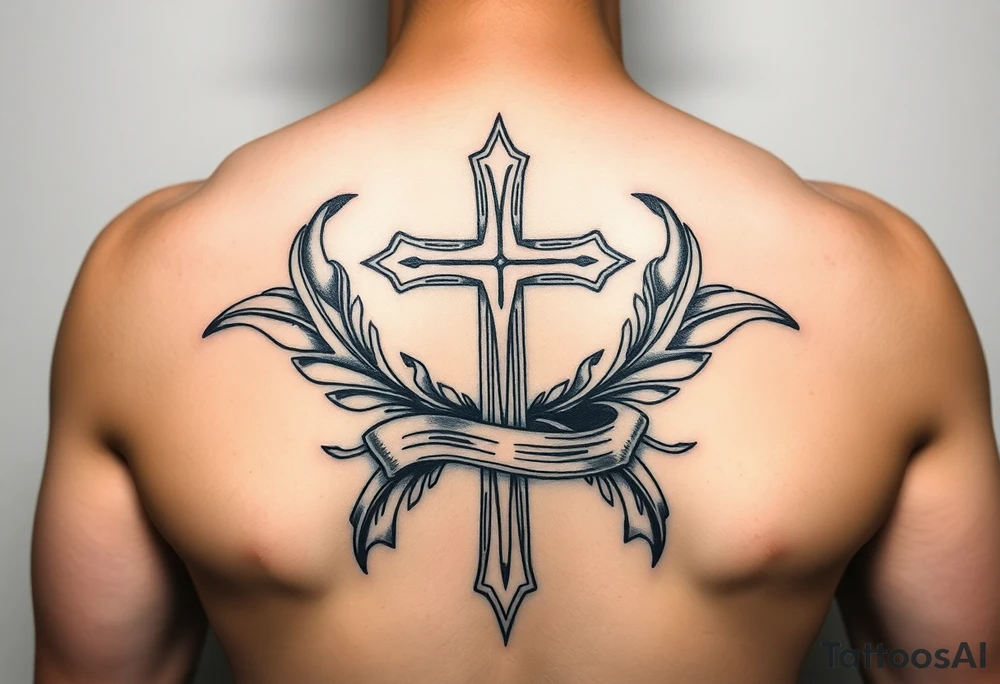 A cross  surrounded with ribbon by Micronesian tribal for arm tattoo idea