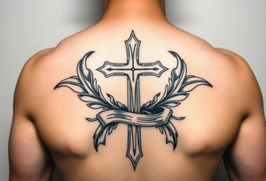 A cross  surrounded with ribbon by Micronesian tribal for arm tattoo idea