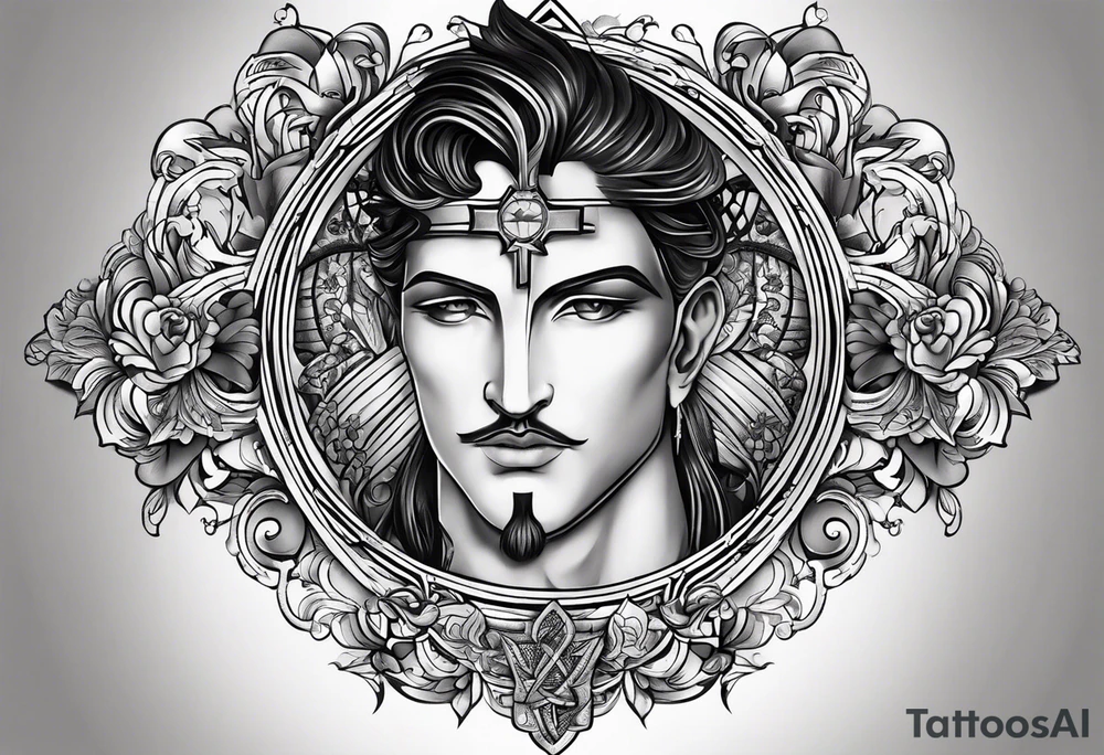 An aesthetic tattoo that is placed on the upper back of a male. It should represent catholic religion, discipline, pain tattoo idea