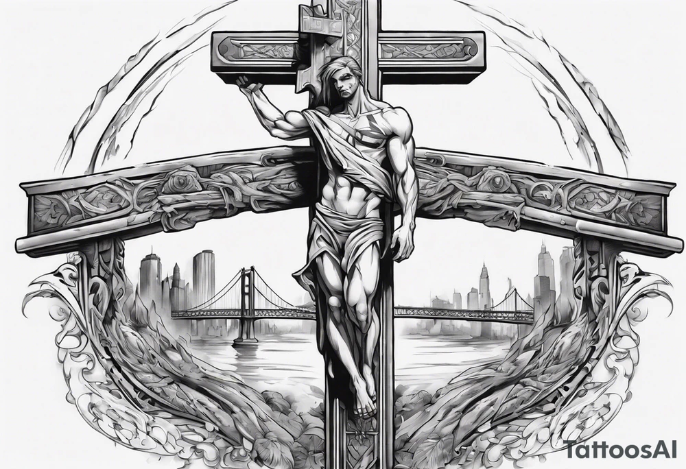 Inner bicep, stretched horizontally, bridge leading to a cross tattoo idea Inner bicep, stretched horizontally, bridge leading to a cross tattoo idea