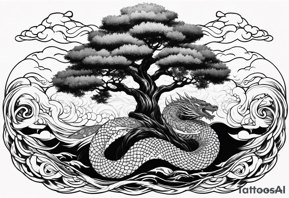 Jormungandr wrapped around world tree with water enveloping tattoo idea