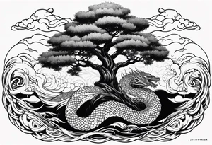 Jormungandr wrapped around world tree with water enveloping tattoo idea