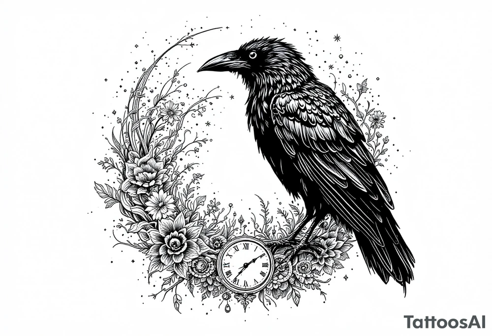 black raven standing on a clock face mandala tattoo idea