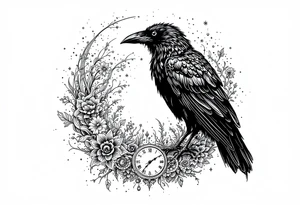 black raven standing on a clock face mandala tattoo idea