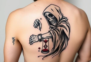 Simple grim reaper looking at a watch on his wrist with a hourglass with red sand and diamond geometric shapes for the thigh tattoo idea