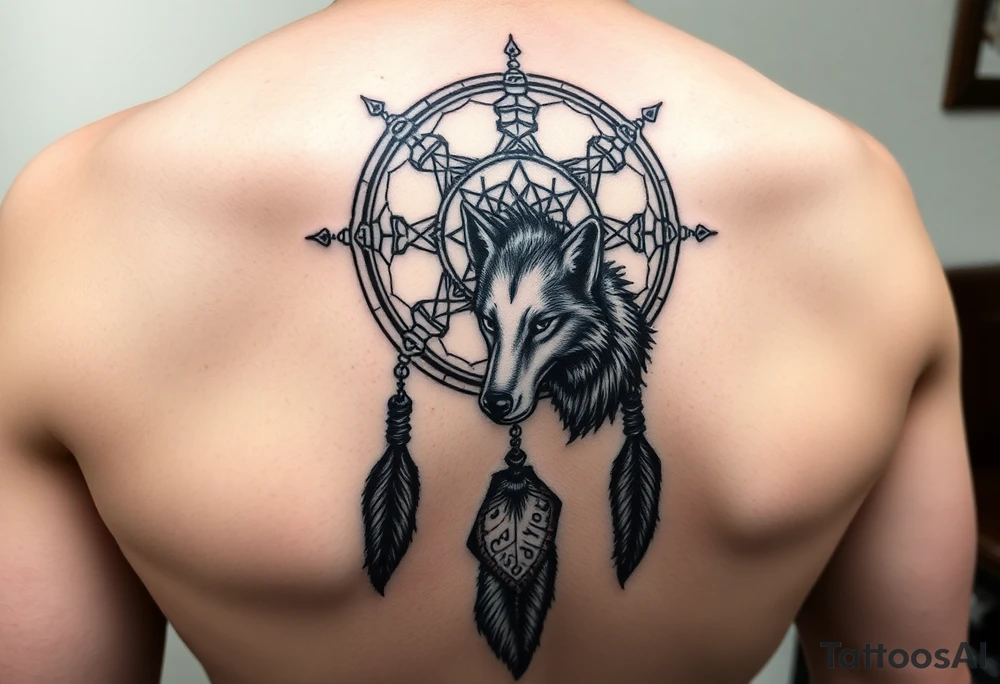 Dreamcatcher with zodiac symbols and protection runes caught in it with wolf tattoo idea