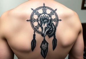 Dreamcatcher with zodiac symbols and protection runes caught in it with wolf tattoo idea