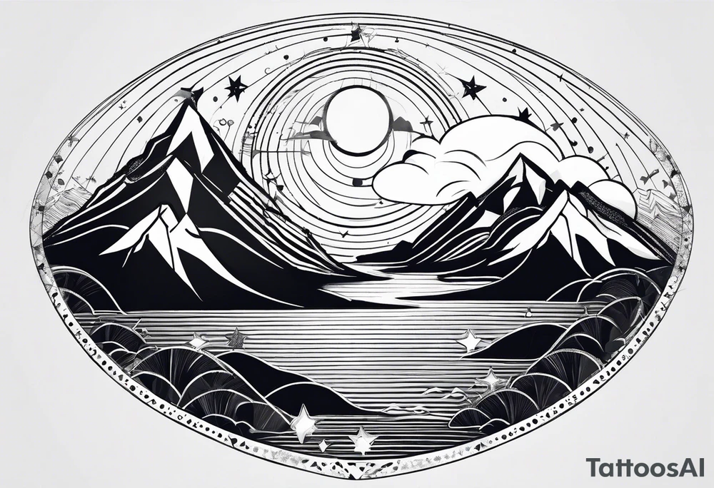 Mountain one Peak, sea waves, space with two littel Stars, geometrical Forms surrounding with dashed lines overlapping tattoo idea