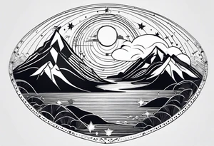 Mountain one Peak, sea waves, space with two littel Stars, geometrical Forms surrounding with dashed lines overlapping tattoo idea