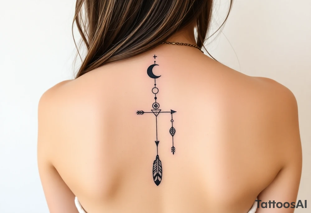 Narrow vertical memorial chain of symbols made of a moon, galaxy inspired symbols symbolizing loss, a brother and sister bond, and strength in a boho style following down the spine in with 3 vertical different lengths flowing lines made of a discreet connection of morse code ".--- .- --.     .-.. ... -.- .- .-.   -.. .. --.     .-.. .. .-.. .-.. . -... .-. --- .-. forming 3 arrow shapes connected to 3 flowing feathers hanging from the end of the morse code lines tattoo idea