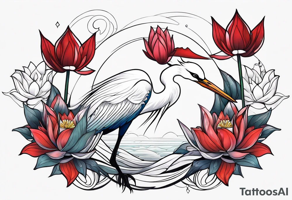Egret and red lotuses tattoo idea