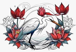 Egret and red lotuses tattoo idea