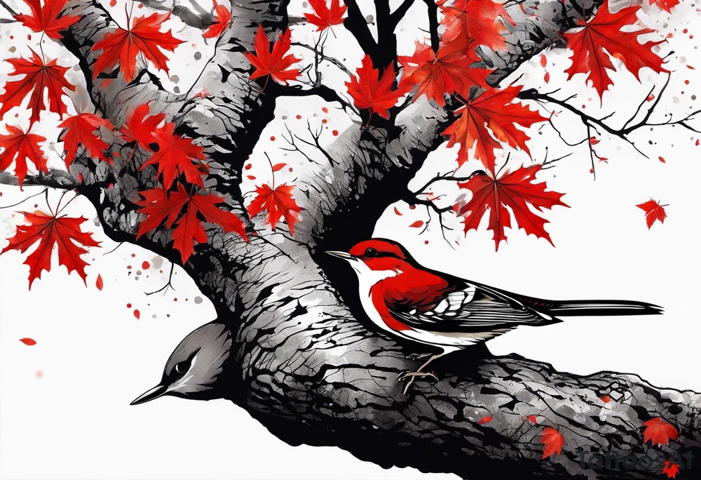trash polka style. Arm tattoo. chest tattoo. Long tattoo. large tattoo. Full sleeve. Shoulder. A single large maple tree with red autumn leaves that branches upwards from wrist to shoulder. White-throated dipper bird on the trees branches. Calluna flowers at the base of the trees stem. Leaves falling. tattoo idea