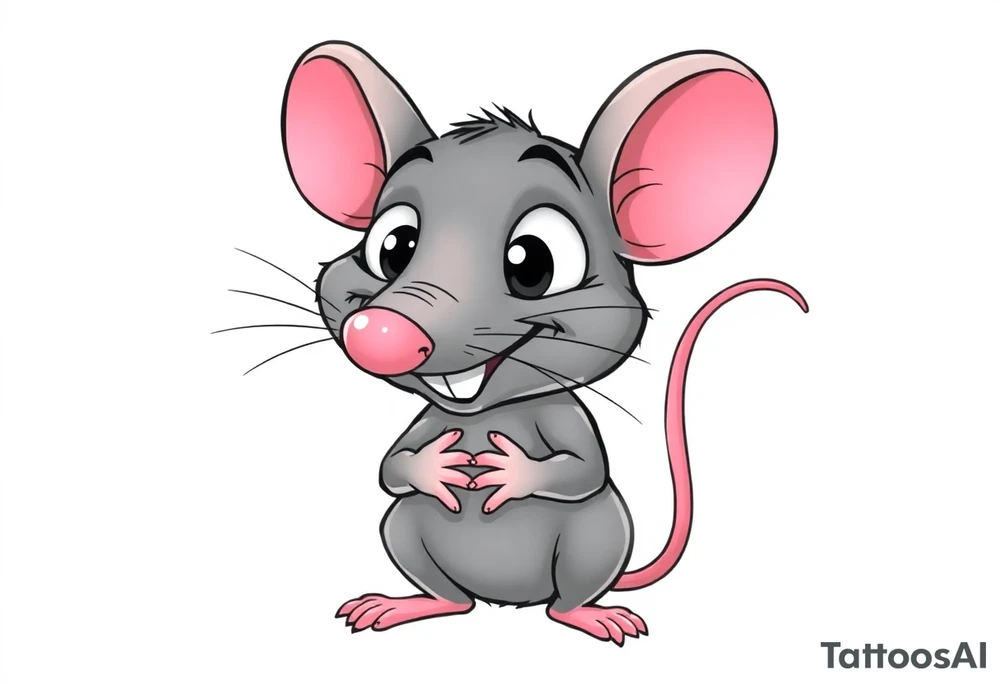 The image shows a cartoon rat with a long pointed nose, huge bulging eyes, and a cheeky, mischievous smile. The rat is grey with big pink ears and a thin pink tail visible on the right. Its little hands are held up close to its chest in a playful, sneaky pose. The expression makes the rat look funny, surprised, and a bit sly at the same time.

I want all his body..bigger nose, eyes poped out from the head + foots / i want the picture from the profile/side


the last two, that i putted to favorites, can you make them black & white ? tattoo idea