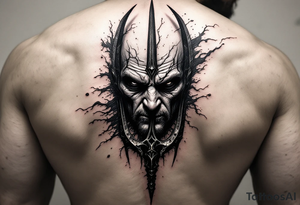 mad man face behind trident tattoo idea