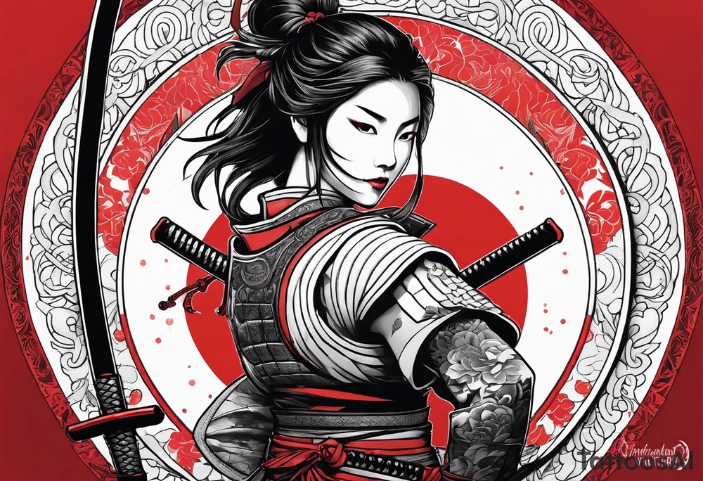 3 female samurai in body armor wielding swords back facing, in front of a red incomplete circle tattoo idea