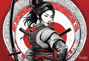 3 female samurai in body armor wielding swords back facing, in front of a red incomplete circle tattoo idea