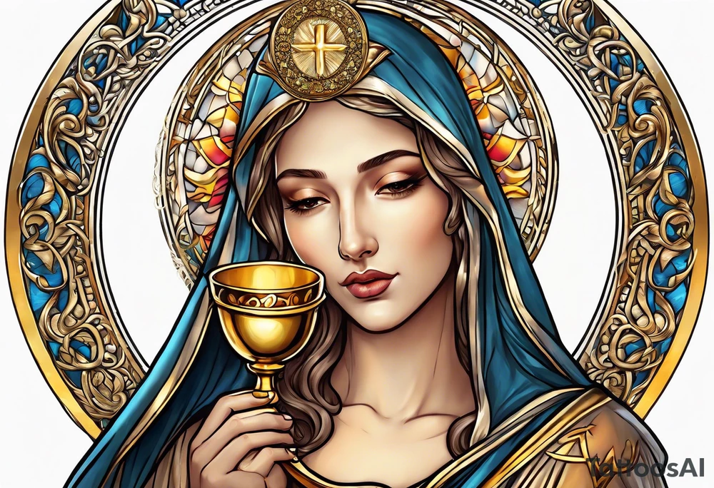 holy saint woman turned away with golden halo holding a chalice tattoo idea