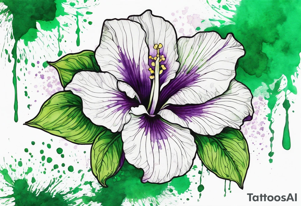 An outline of an only green rio dipladenia flower and a green and purple watercolor splash in the background tattoo idea