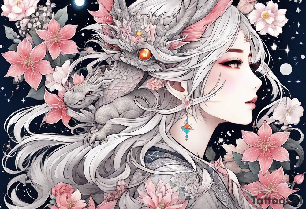 Constellation, wing , snow , cross , dragon female japan kawaii , flower tattoo idea