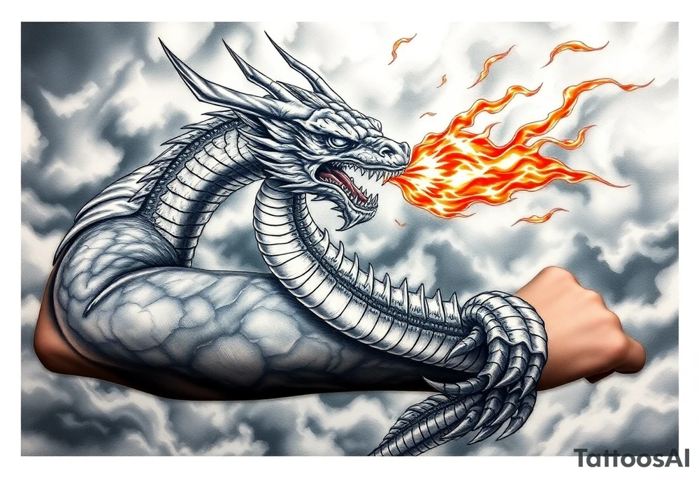 fierce dragon breathing iridescent fire against stormy skies tattoo idea